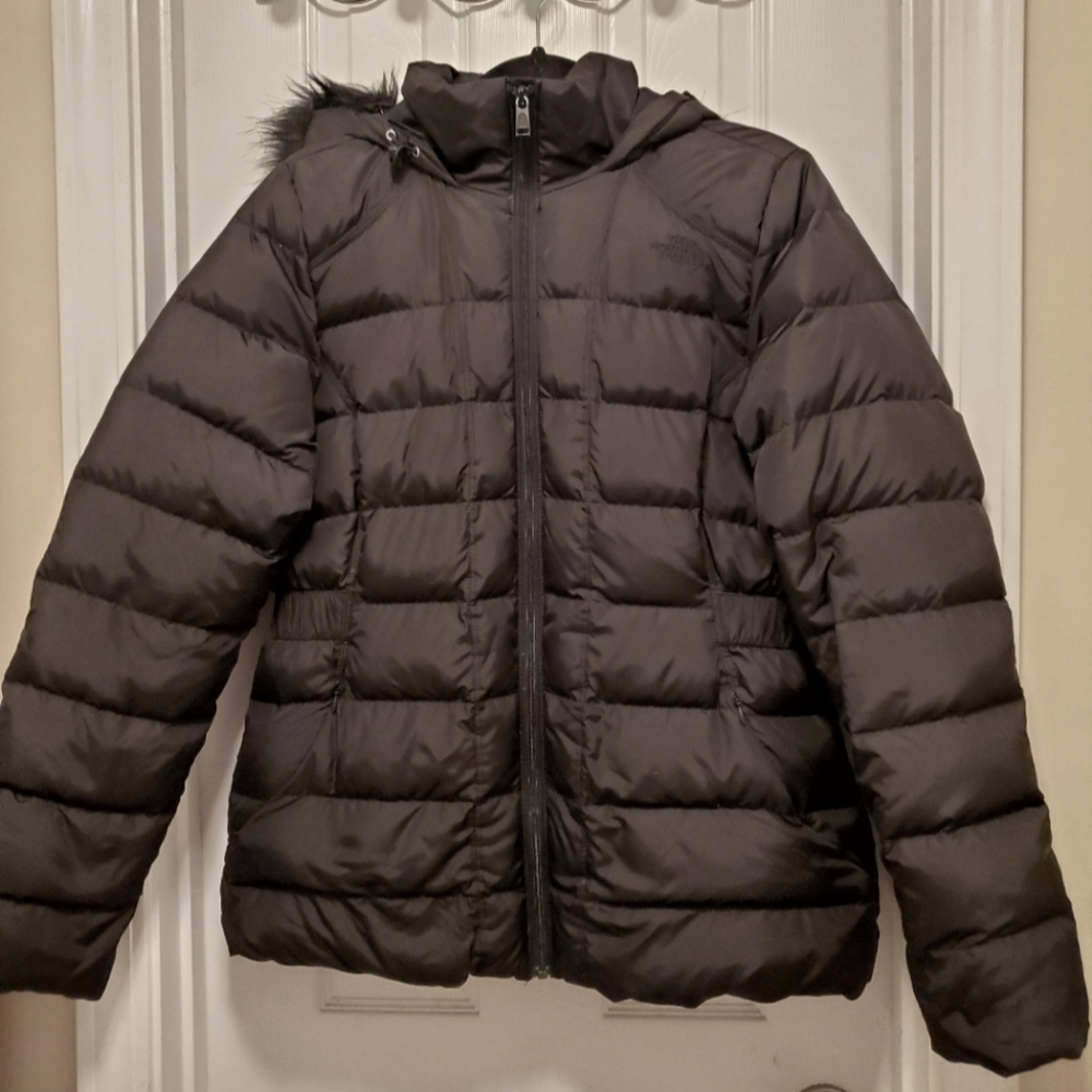 The North Face down puffer jacket with detachable hood with faux fur trim